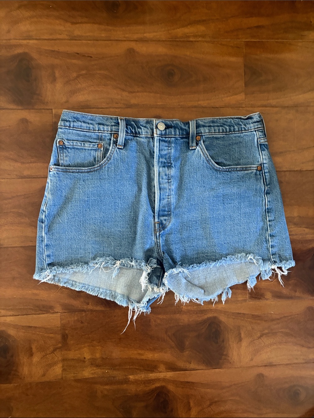 Levi's Light Blue Frayed Hem Denim Shorts